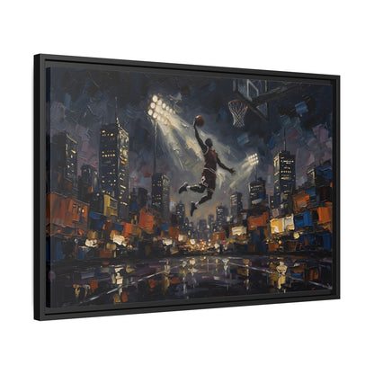 Side view of a framed basketball canvas wall art with city lights, hoop, and flying player scene
