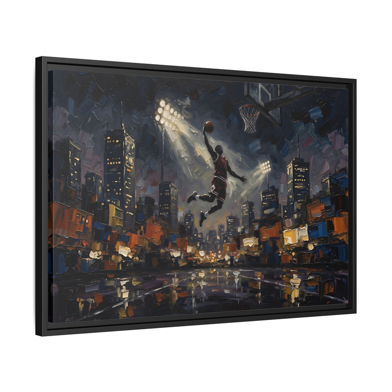 Side view of a framed basketball canvas wall art with city lights, hoop, and flying player scene