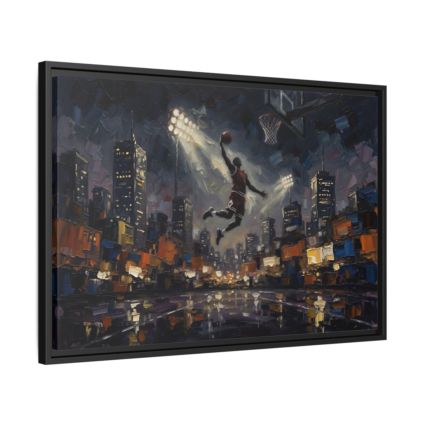City Lights Dunk - Epic Night Basketball Player Framed Canvas Wall Art | Man Cave Decor