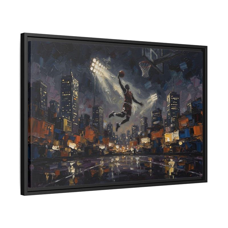 City Lights Dunk - Epic Night Basketball Player Framed Canvas Wall Art | Man Cave Decor