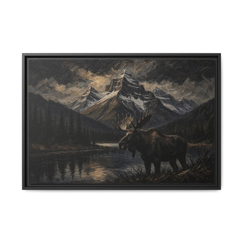 Framed moose and mountain lake canvas wall art in dark black and brown tones
