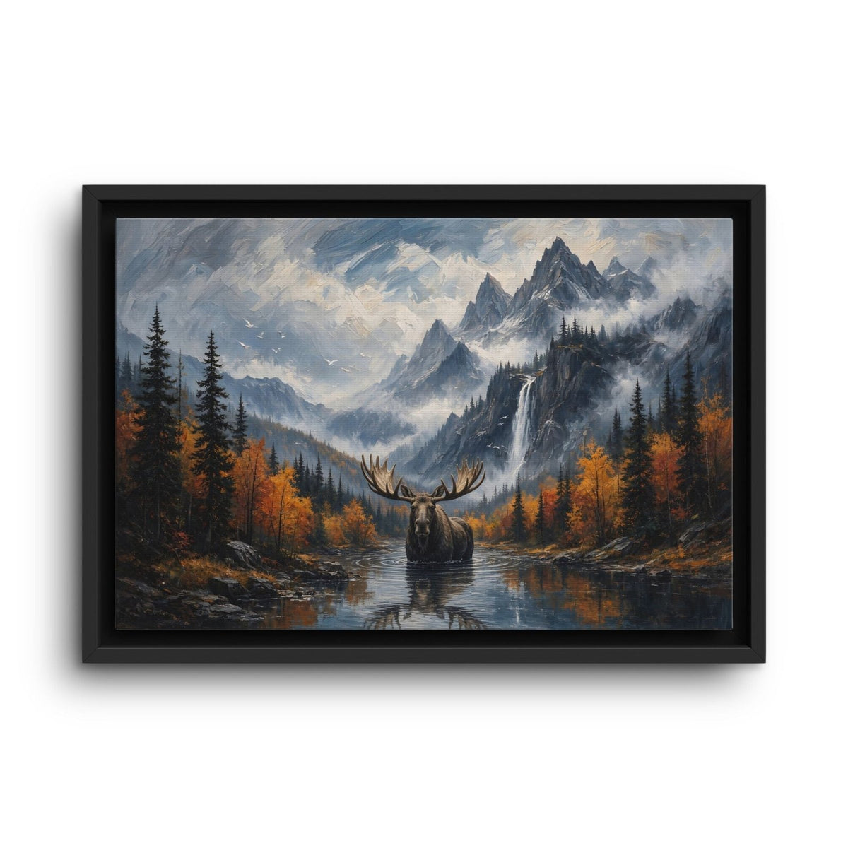 Moose canvas print in a black frame, with autumn foliage, a waterfall, and mountain peaks
