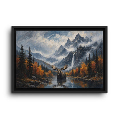 Moose canvas print in a black frame, with autumn foliage, a waterfall, and mountain peaks