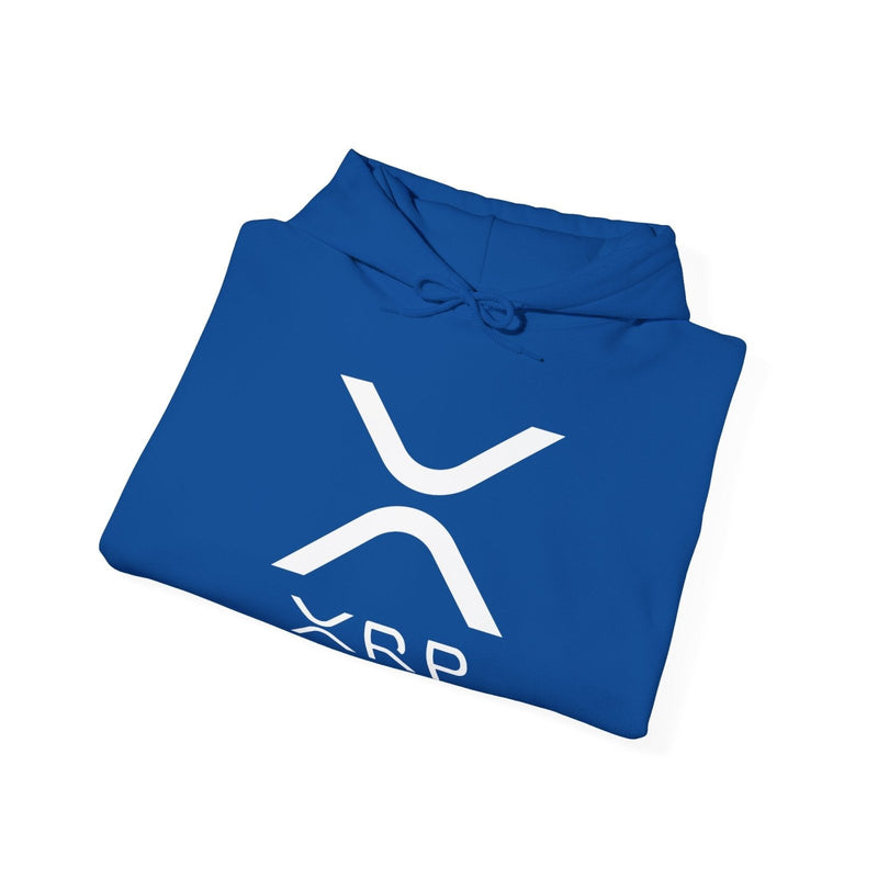 Royal blue pullover hoodie folded with hood tie and white XRP logo graphic
