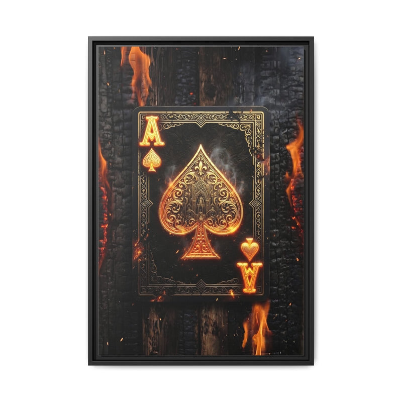 Vertical framed canvas with black border, gold ace of spades and orange flames