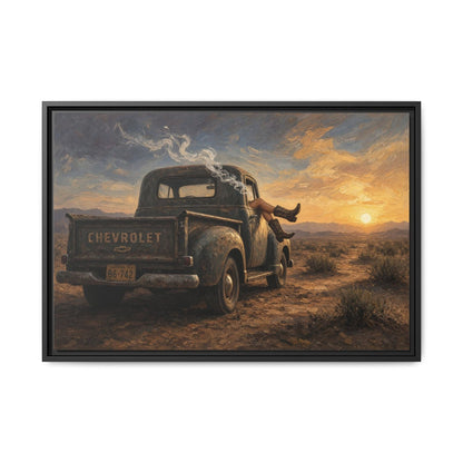 Framed canvas wall art with vintage Chevrolet pickup and cowgirl in desert sunset scene.