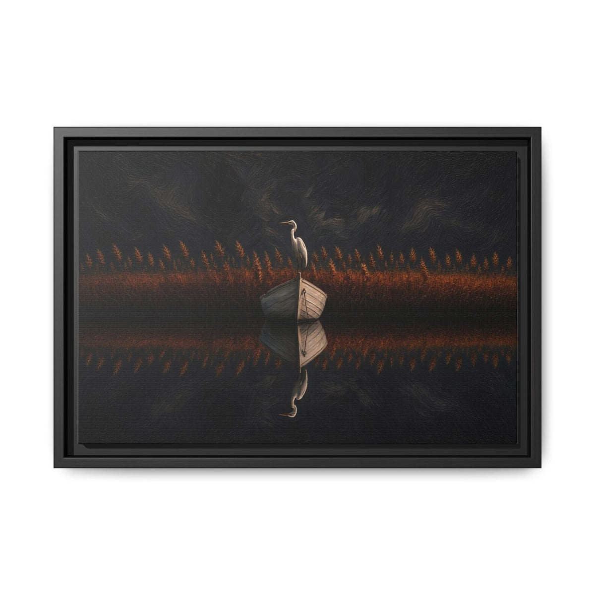 Horizontal framed canvas art with centered heron figure and warm orange grass bands.