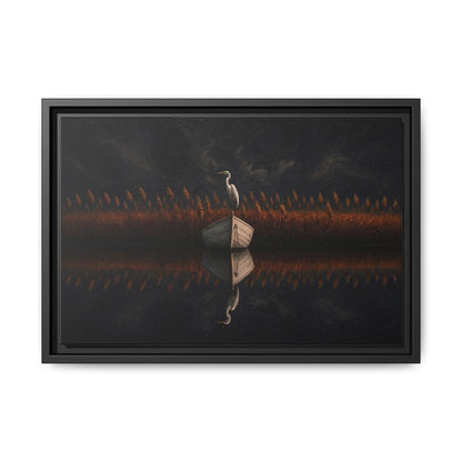 Horizontal framed canvas art with centered heron figure and warm orange grass bands.