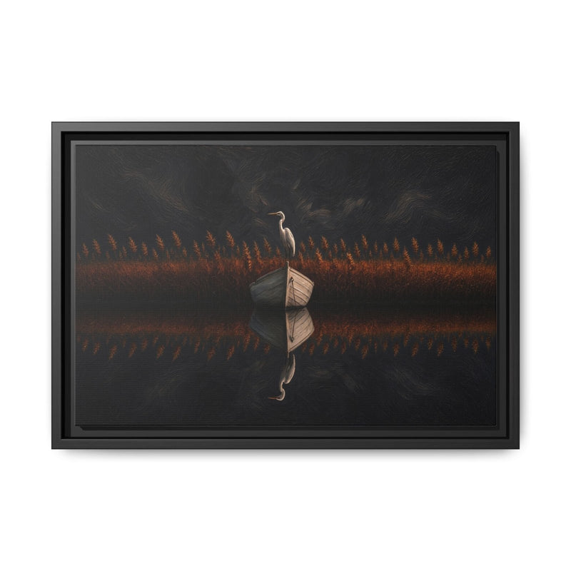 Horizontal framed canvas art with centered heron figure and warm orange grass bands.