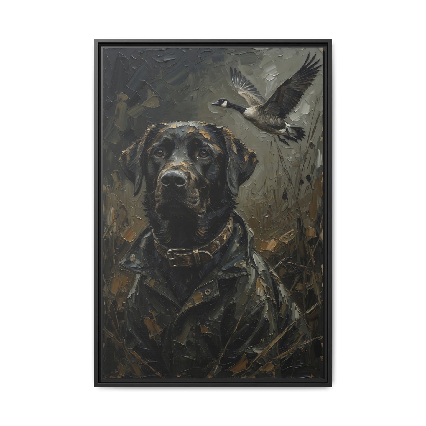 Framed Matte Canvas - Hunter's Companion - Black Labrador & Flying Goose Wildlife Art