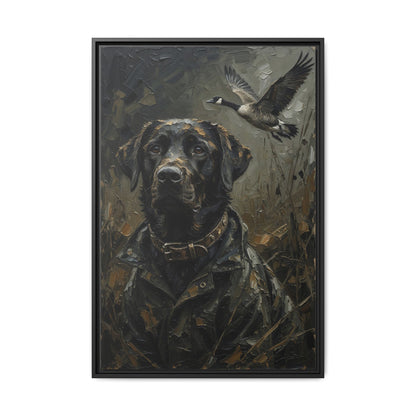 Framed Matte Canvas - Hunter's Companion - Black Labrador & Flying Goose Wildlife Art