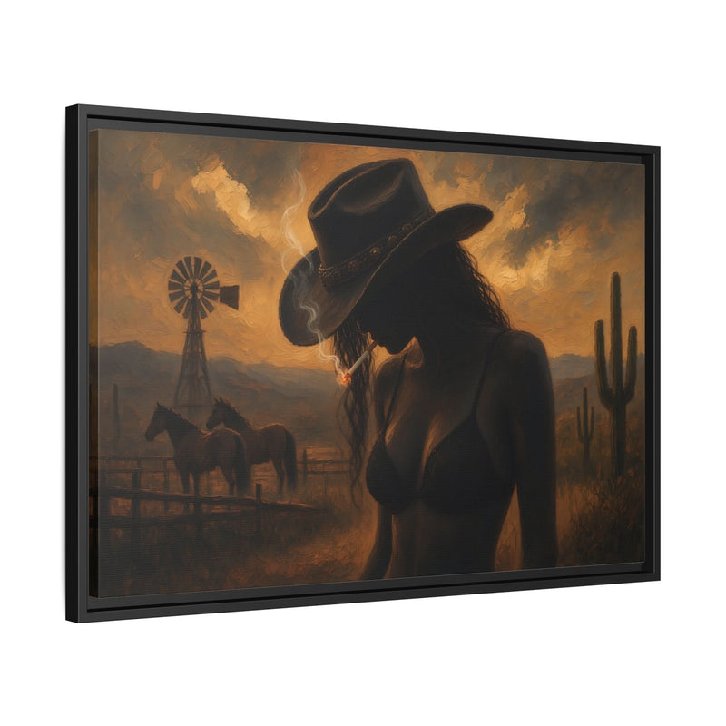 Black framed desert cowgirl canvas, angled view of cowboy hat silhouette and cacti