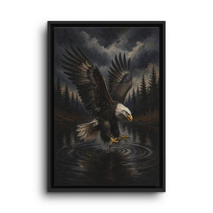 Black-framed canvas artwork featuring an eagle catching prey above rippling water