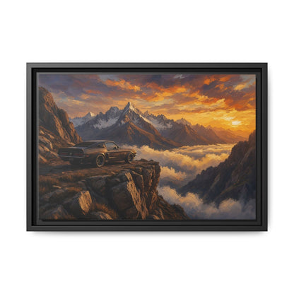 Black-framed canvas wall art with gold sunset, mountain peaks, and a vintage muscle car