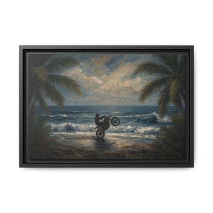 Black-framed beach wall art canvas with palm leaves, rocky surf, and a dirt bike on wet sand