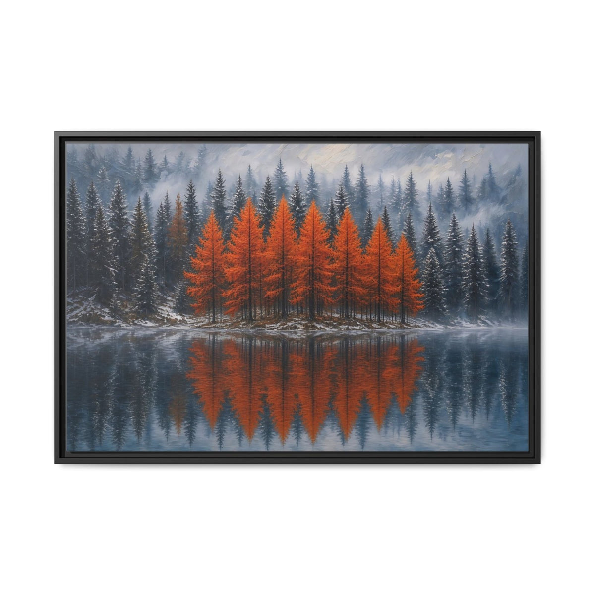 Framed landscape canvas wall art with orange forest and lake reflection, black frame