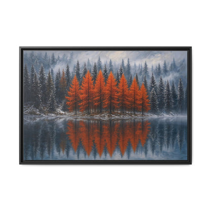 Framed landscape canvas wall art with orange forest and lake reflection, black frame
