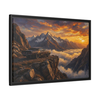 Black-framed canvas wall art, angled view, with muscle car on mountain cliff at sunset
