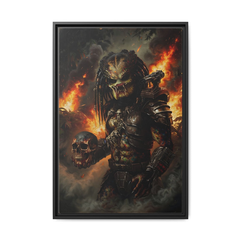 Black framed canvas in full view showing an armored predator-like figure with flames.