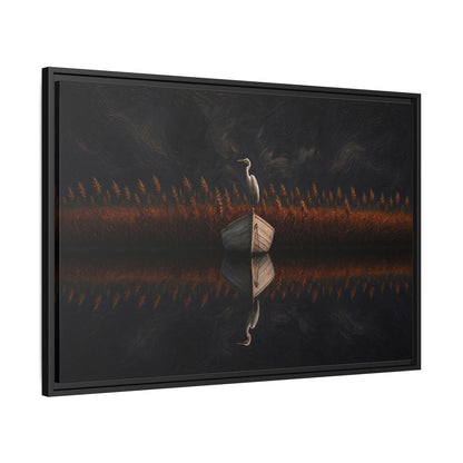 Horizontal framed canvas art, angled view, featuring a heron and warm orange grasses.