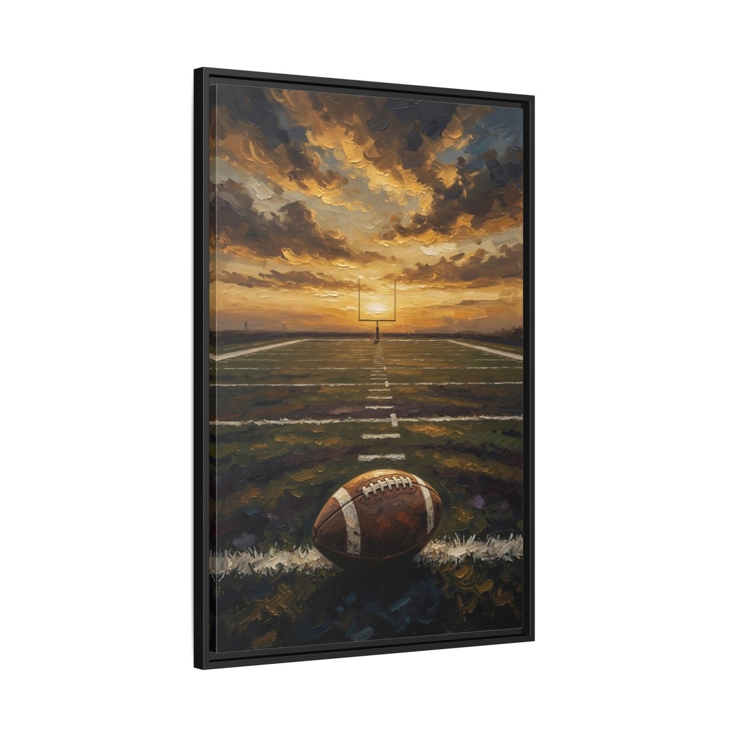 Black framed football field canvas in 3D view, sunset over field and football