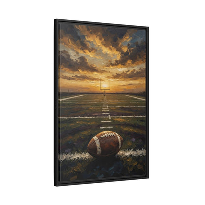 Black framed football field canvas in 3D view, sunset over field and football