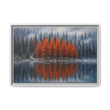 Framed canvas wall art: orange autumn trees reflected in calm lake, light gray frame