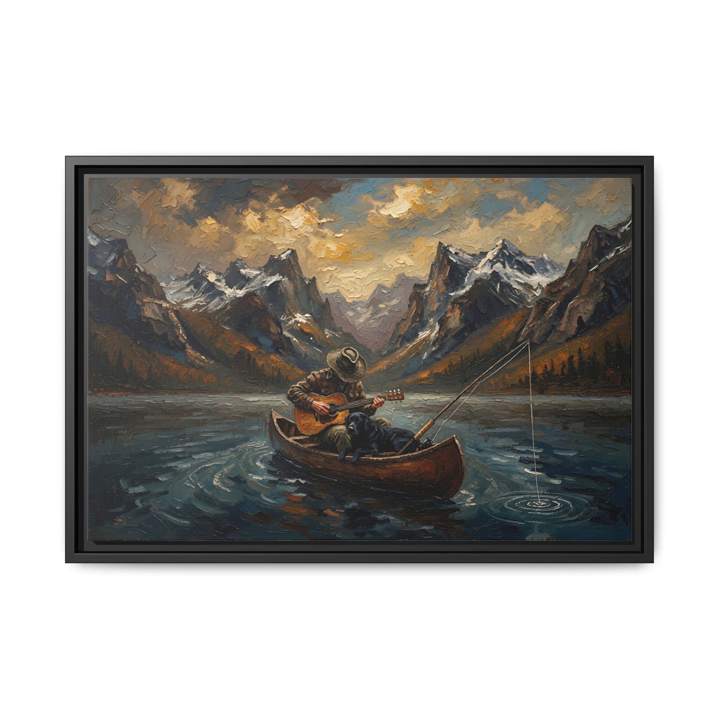 Framed Canvas - Lakeside Serenade - Canoe Guitar & Fishing With Mans Best Friend