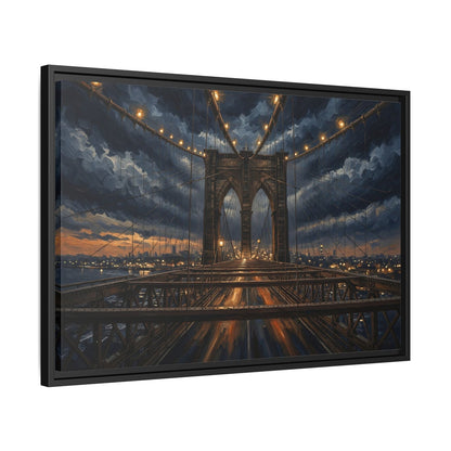 Black framed canvas print angled view with a nighttime bridge and warm city glow