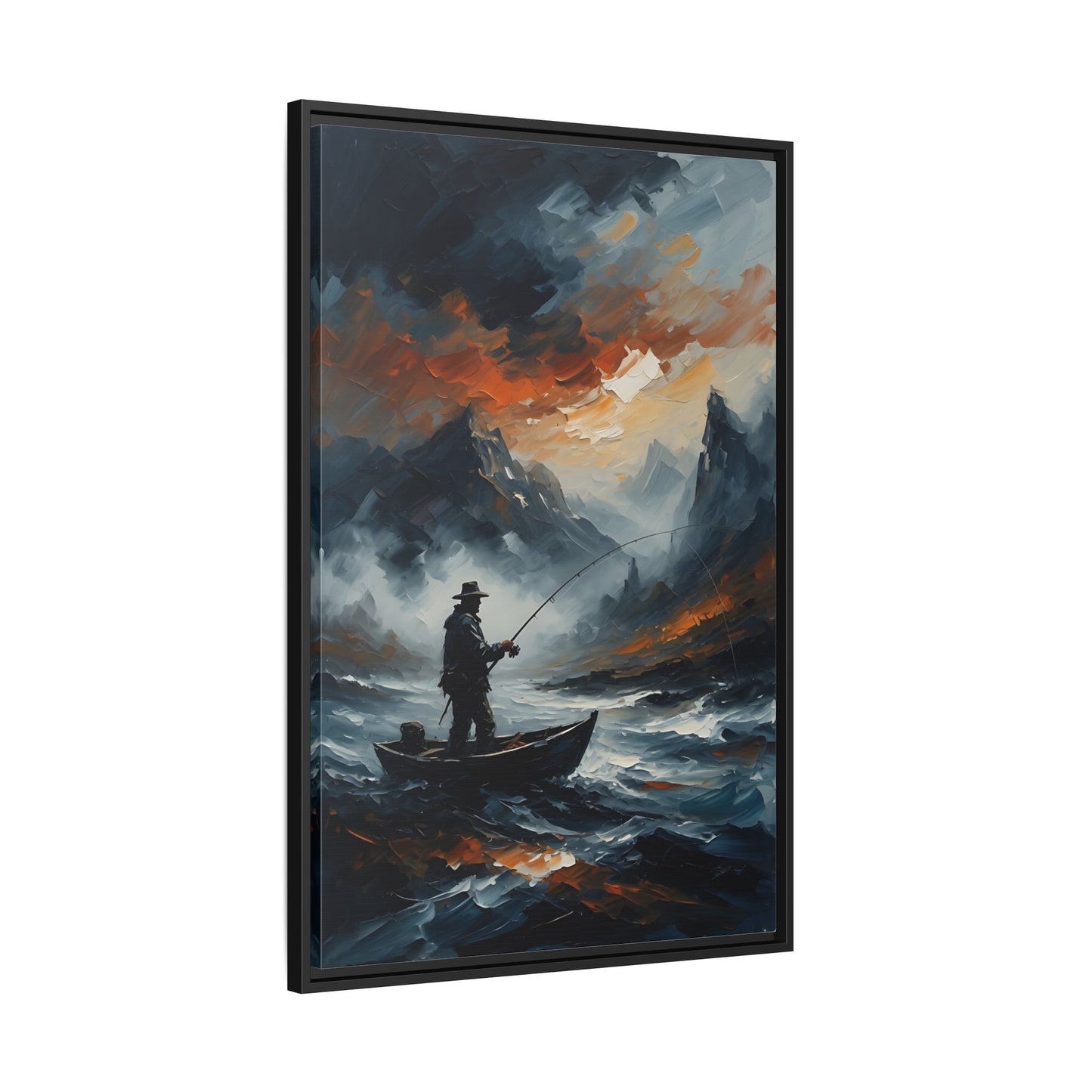 Framed Matte Canvas - Lone Fisherman - Mountain Lake Storm