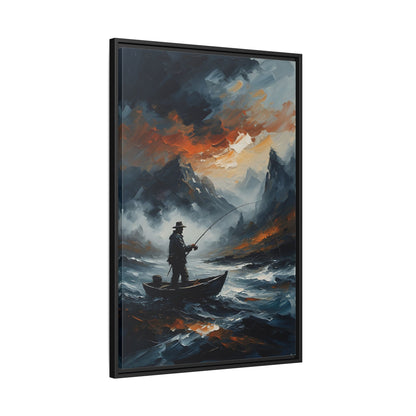 Framed Matte Canvas - Lone Fisherman - Mountain Lake Storm