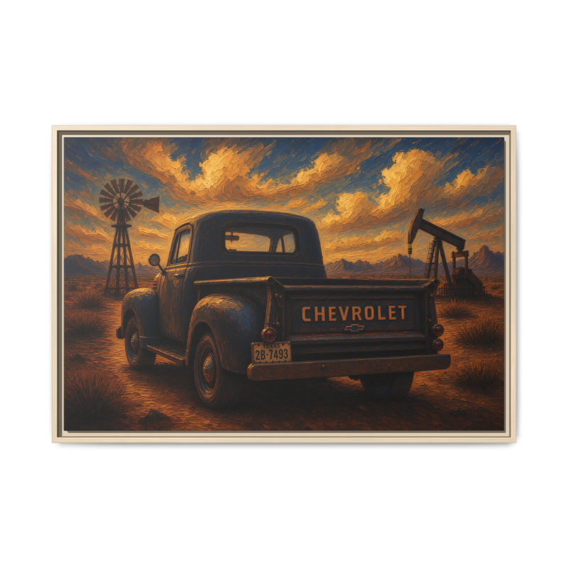 Vintage Chevrolet Oil Field Sunset | Framed Canvas Wall Art