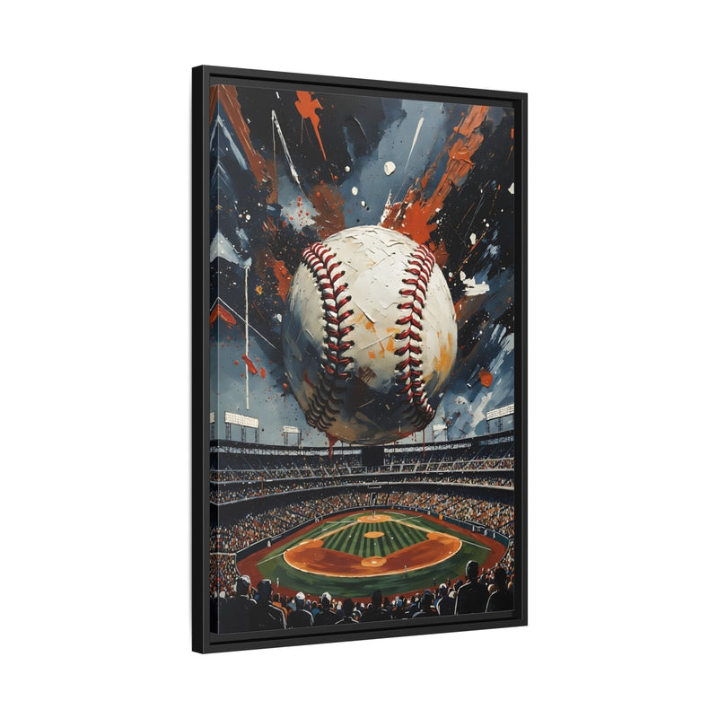 Framed baseball home run canvas wall art, angled view of baseball and stadium, black frame