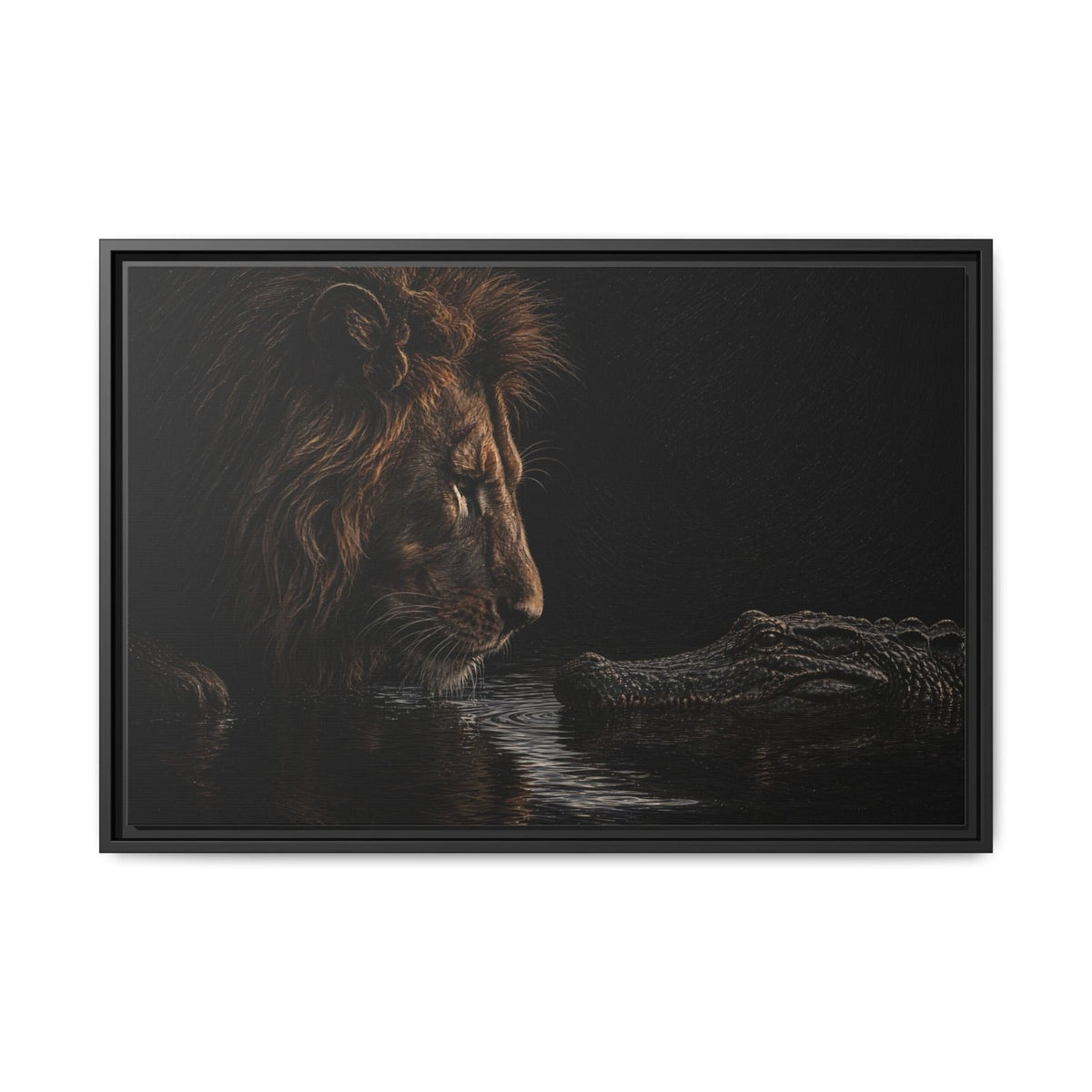 Black framed canvas wall art with a lion and an alligator reflected in dark ripples.