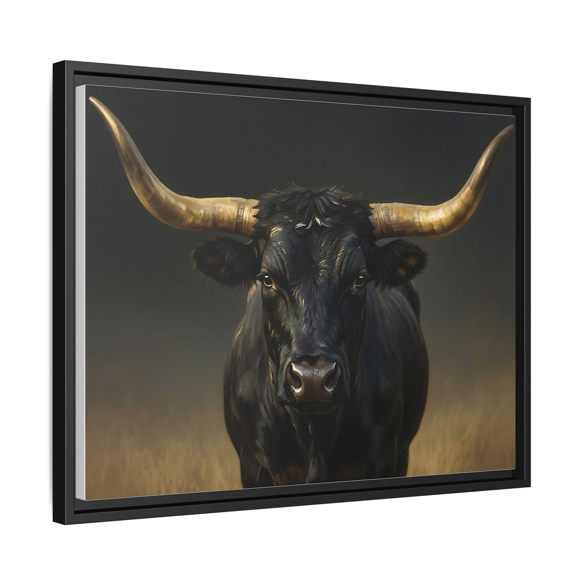 Majestic Black Longhorn Bull Wall Art : Framed Matte Canvas: