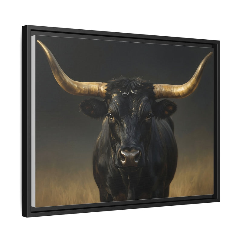 Framed bull wall art with gold-horned dark bull portrait, showing black frame depth