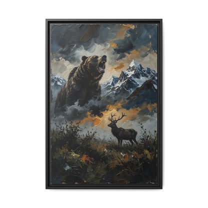 Roaring Bear & Stag Matte Framed Canvas - Wilderness Wall Art
