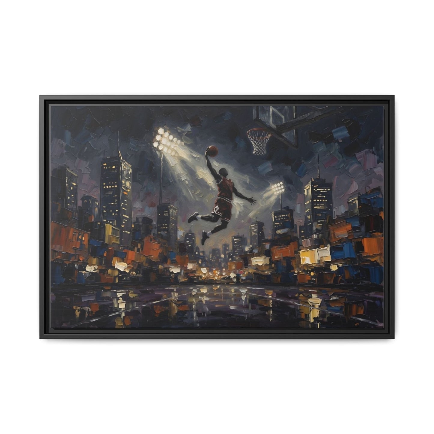 City Lights Dunk - Epic Night Basketball Player Framed Canvas Wall Art | Man Cave Decor