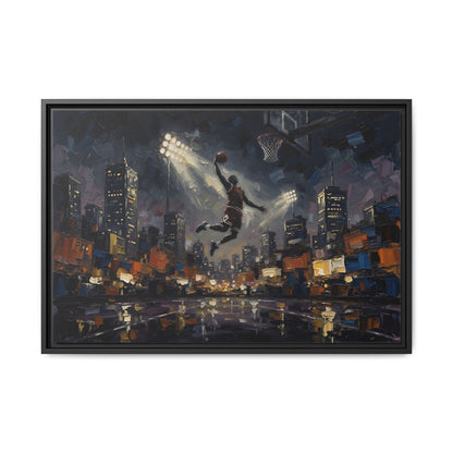 City Lights Dunk - Epic Night Basketball Player Framed Canvas Wall Art | Man Cave Decor