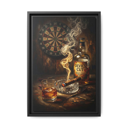 Framed canvas wall art featuring dartboard, bottle, glass, cigar smoke, and black frame