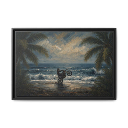Black-framed framed canvas print featuring palm trees, crashing waves, and a dirt bike in motion