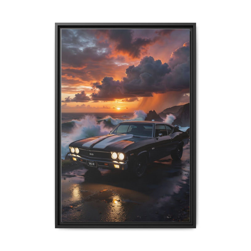 Framed canvas print of a black muscle car at sunset on a wet road