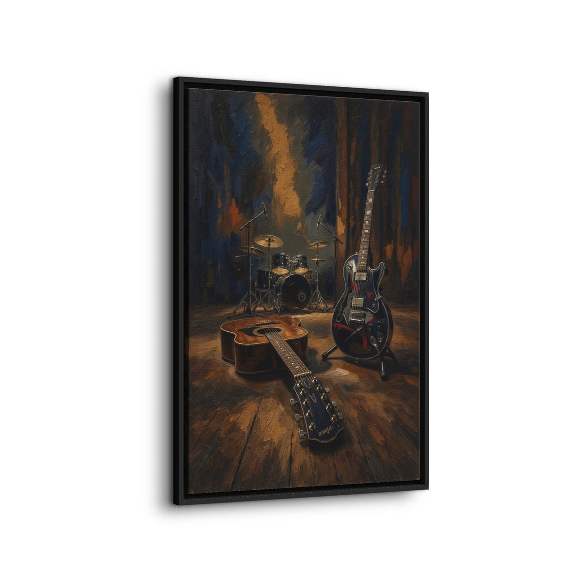 Framed canvas art with electric guitar, bass guitar, and drum kit illustration