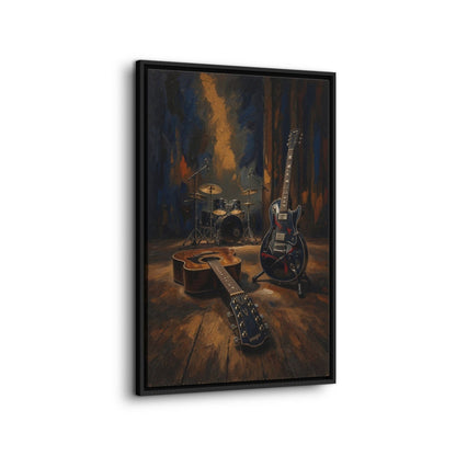 Framed canvas art with electric guitar, bass guitar, and drum kit illustration