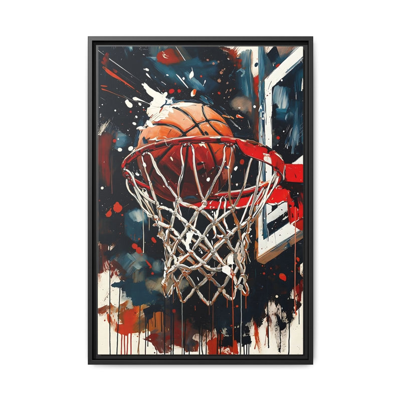 Framed basketball hoop splash canvas wall art with net and painted splatter
