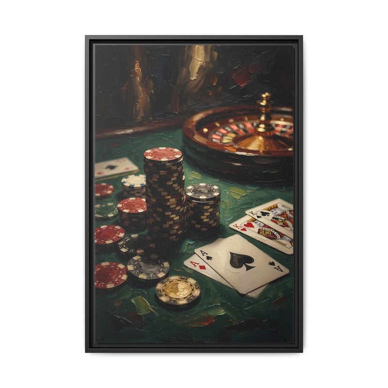 Black framed roulette and poker canvas with chips and playing cards with spade symbols