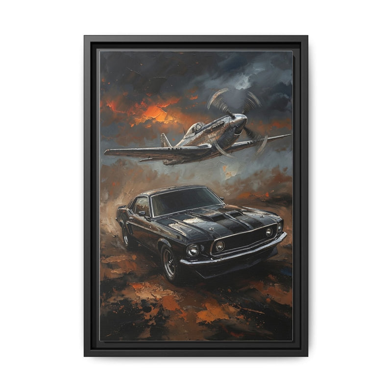Tall black-framed wall art canvas depicting vintage car and fighter plane illustration