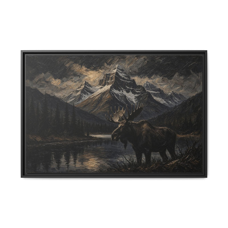 Framed moose standing by a lake, mountain peaks canvas wall art in dark earth tones