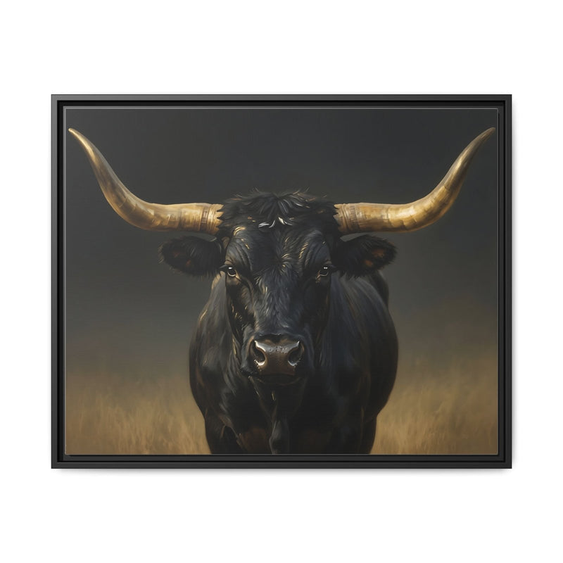 Framed bull wall art on matte canvas, centered dark longhorn with raised gold horns