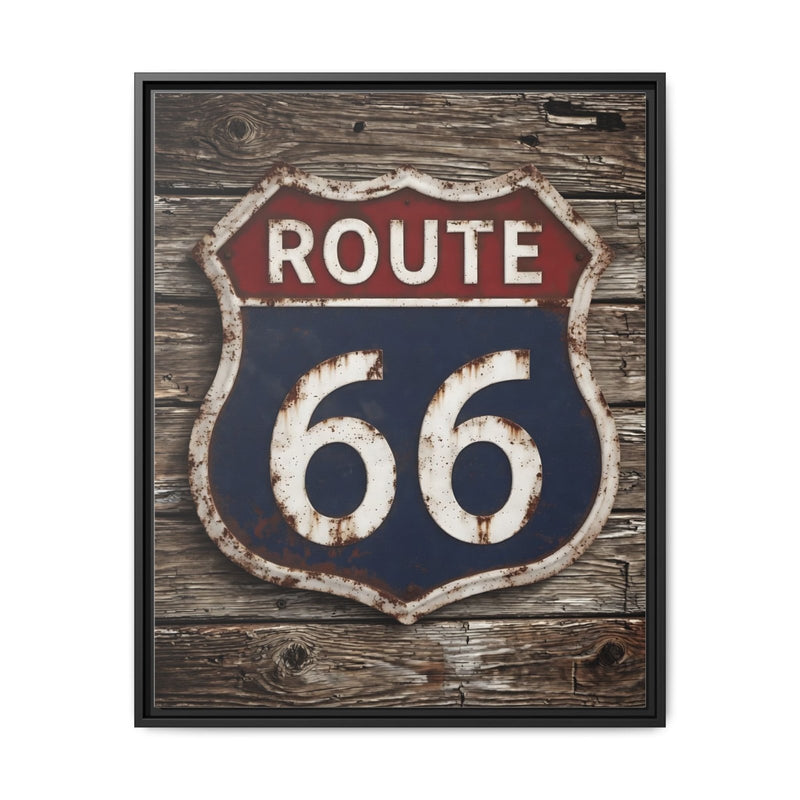 Framed Route 66 shield wall sign with red ROUTE banner and distressed blue 66 digits.